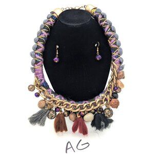 Vintage Victorian Revival Necklace Handmade Macrame Beaded Crystal Purple Stone